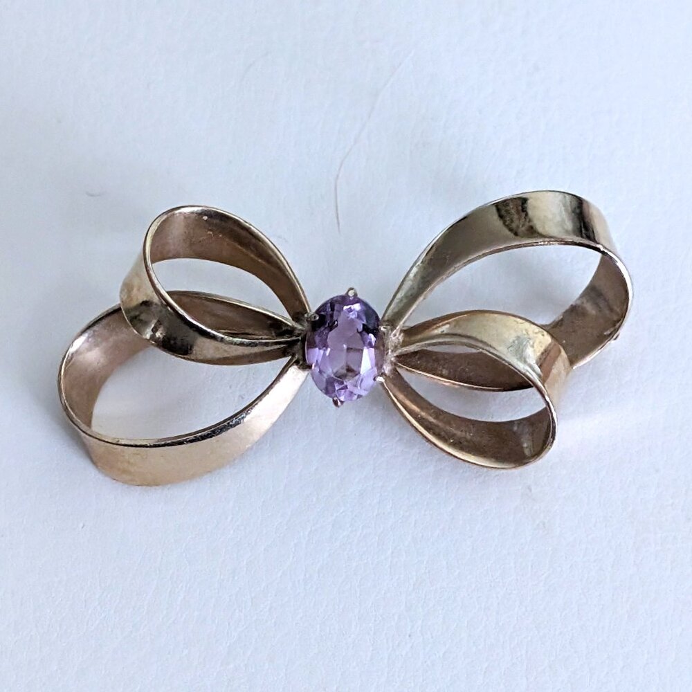 Vintage Designer Winard Signed 12K Yellow Gold Filled Amethyst Bow Brooch Pin